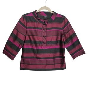 Talbots Sz 8‎ Silk Striped Blouse Black Burgundy Magenta 3/4 Sleeve Jewel Button